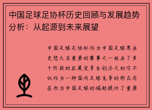 中国足球足协杯历史回顾与发展趋势分析:从起源到未来展望