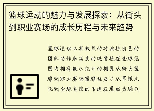 篮球运动的魅力与发展探索:从街头到职业赛场的成长历程与未来趋势