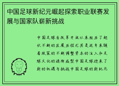 中国足球新纪元崛起探索职业联赛发展与国家队崭新挑战