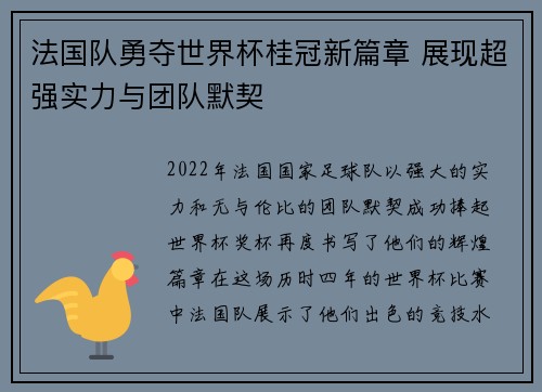 法国队勇夺世界杯桂冠新篇章 展现超强实力与团队默契