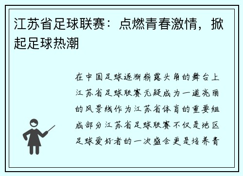 江苏省足球联赛：点燃青春激情，掀起足球热潮