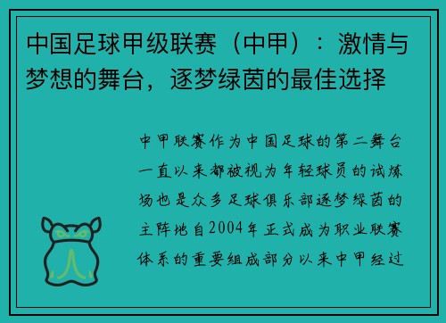中国足球甲级联赛（中甲）：激情与梦想的舞台，逐梦绿茵的最佳选择