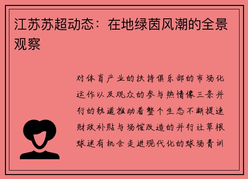 江苏苏超动态：在地绿茵风潮的全景观察
