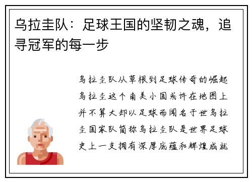 乌拉圭队：足球王国的坚韧之魂，追寻冠军的每一步