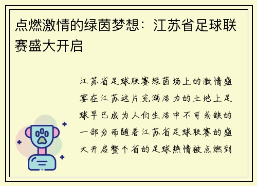 点燃激情的绿茵梦想：江苏省足球联赛盛大开启